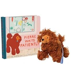 Manhattan Toys Pierre Waits Patiently Baby and Toddler Board Book + Poodle Stuffed Animal Dog Gift Set